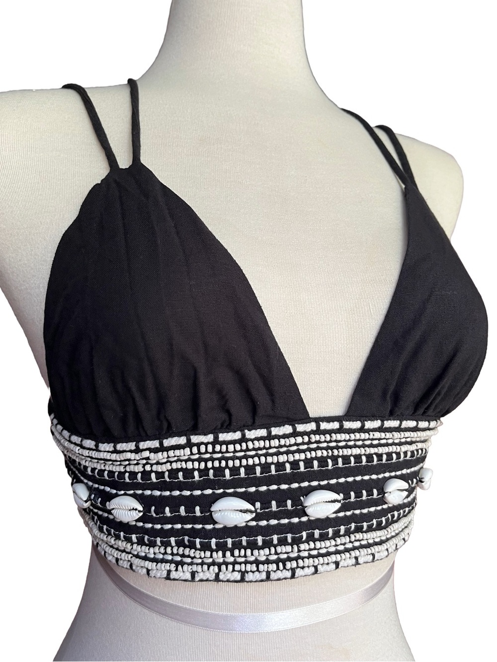 Zara Beaded Shell Crop Top Black White Boho Resort Bralette S